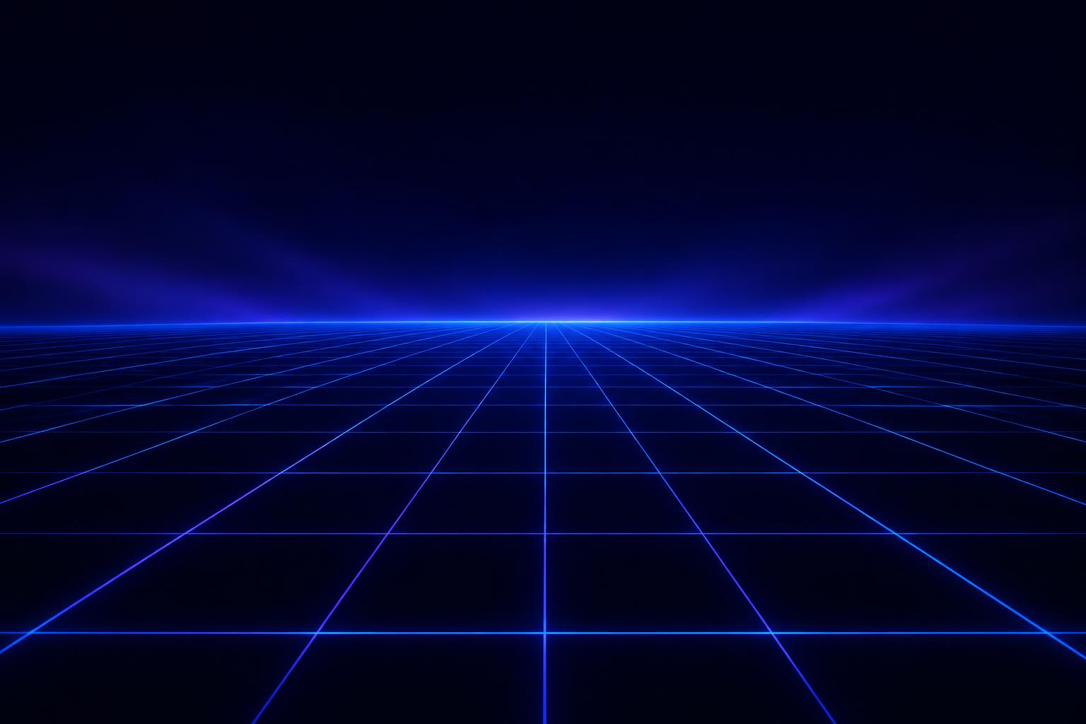 Perspective grid of glowing lines converging toward a horizon, representing a connected growth system